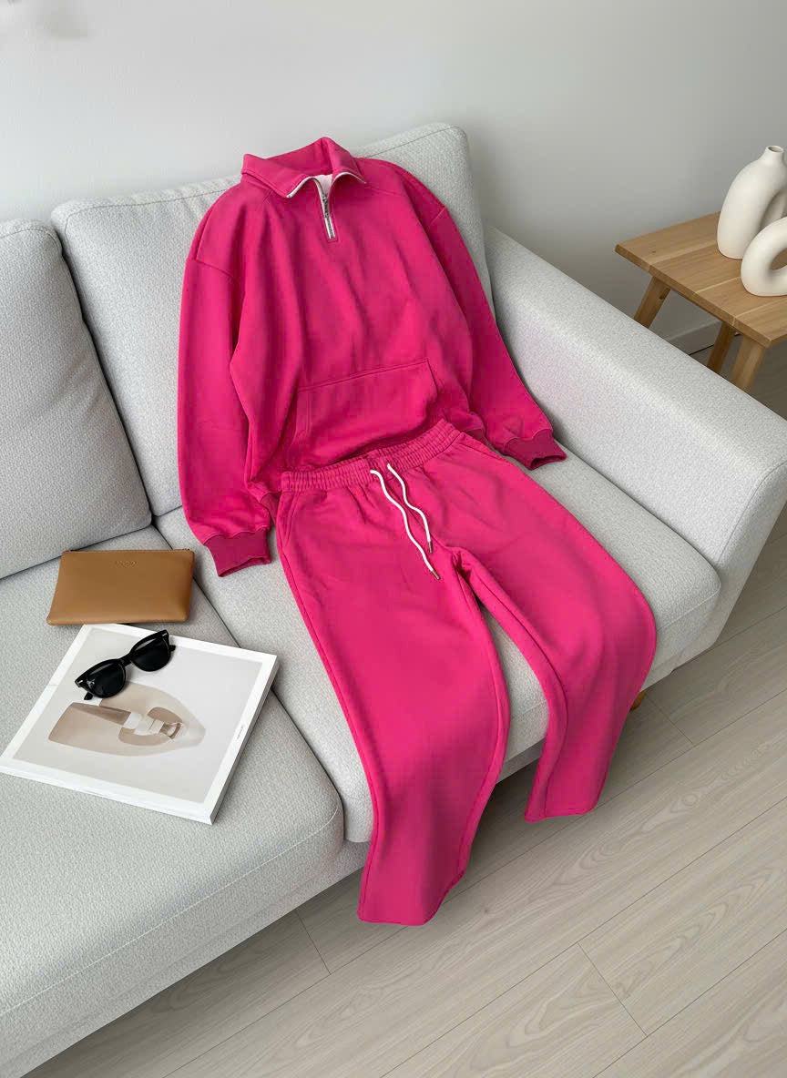 Cozy Poly-Cotton Fleece set- Modern Streetwear Design | Premium Pullover Sweatshirt with Kangaroo Pocket - Hot Pink - Voila Finest