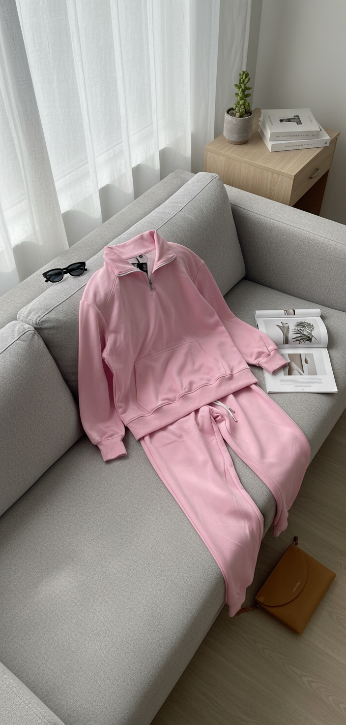 Luxury Blank Cozy Poly-Cotton Fleece set- Modern Streetwear Design | Premium Pullover Sweatshirt with Kangaroo Pocket - Baby Pink - Voila Finest