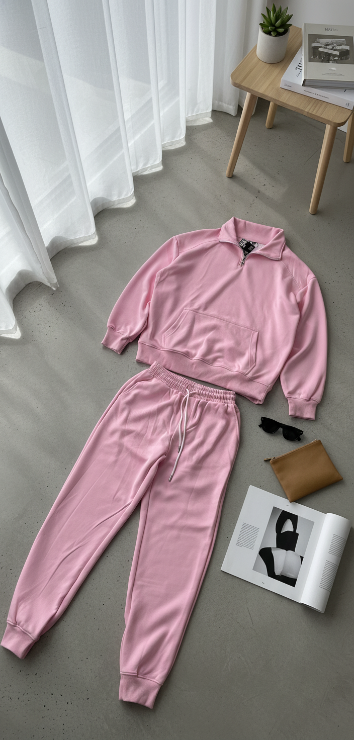Luxury Blank Cozy Poly-Cotton Fleece set- Modern Streetwear Design | Premium Pullover Sweatshirt with Kangaroo Pocket - Baby Pink - Voila Finest