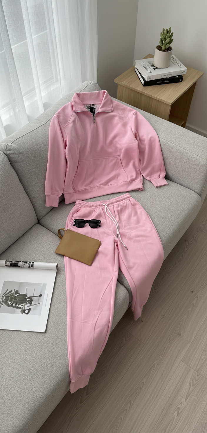 Luxury Blank Cozy Poly-Cotton Fleece set- Modern Streetwear Design | Premium Pullover Sweatshirt with Kangaroo Pocket - Baby Pink - Voila Finest