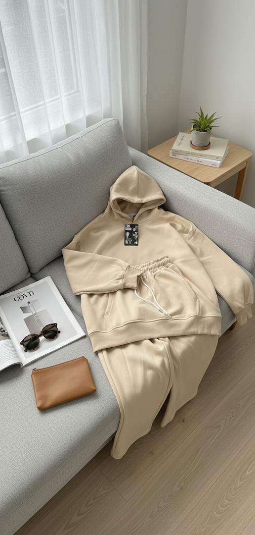 Luxury Blank Cozy Poly-Cotton Fleece Hoodie set Cream - Voila Finest